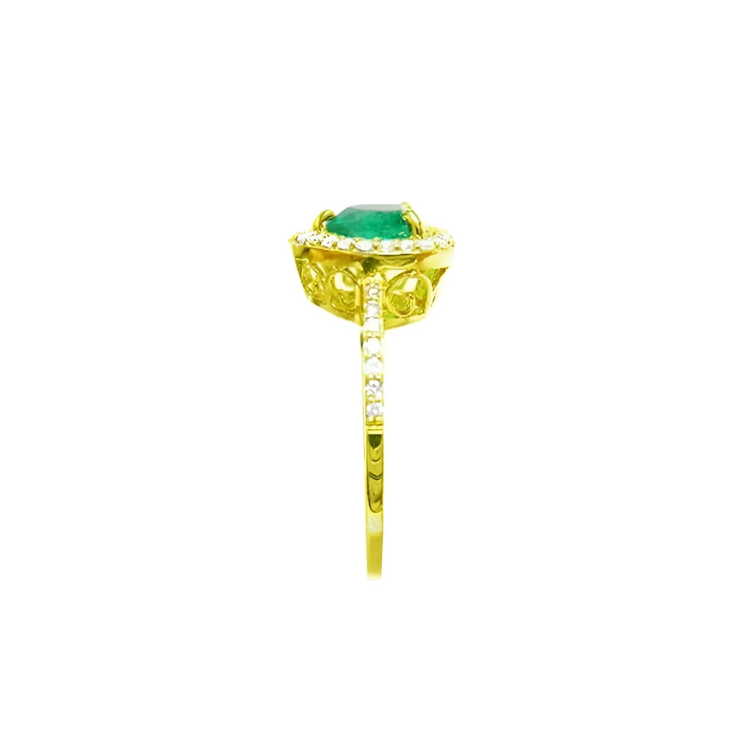 14K yellow gold heart-cut emerald ring with diamond halo and pavé band.
