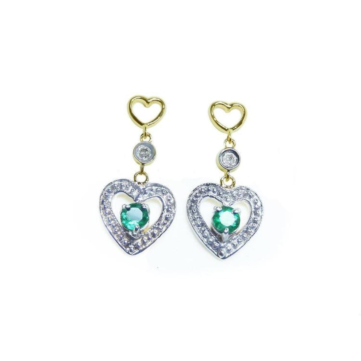 14K yellow gold heart stud earrings with dangling silver hearts, each featuring a round green emerald.