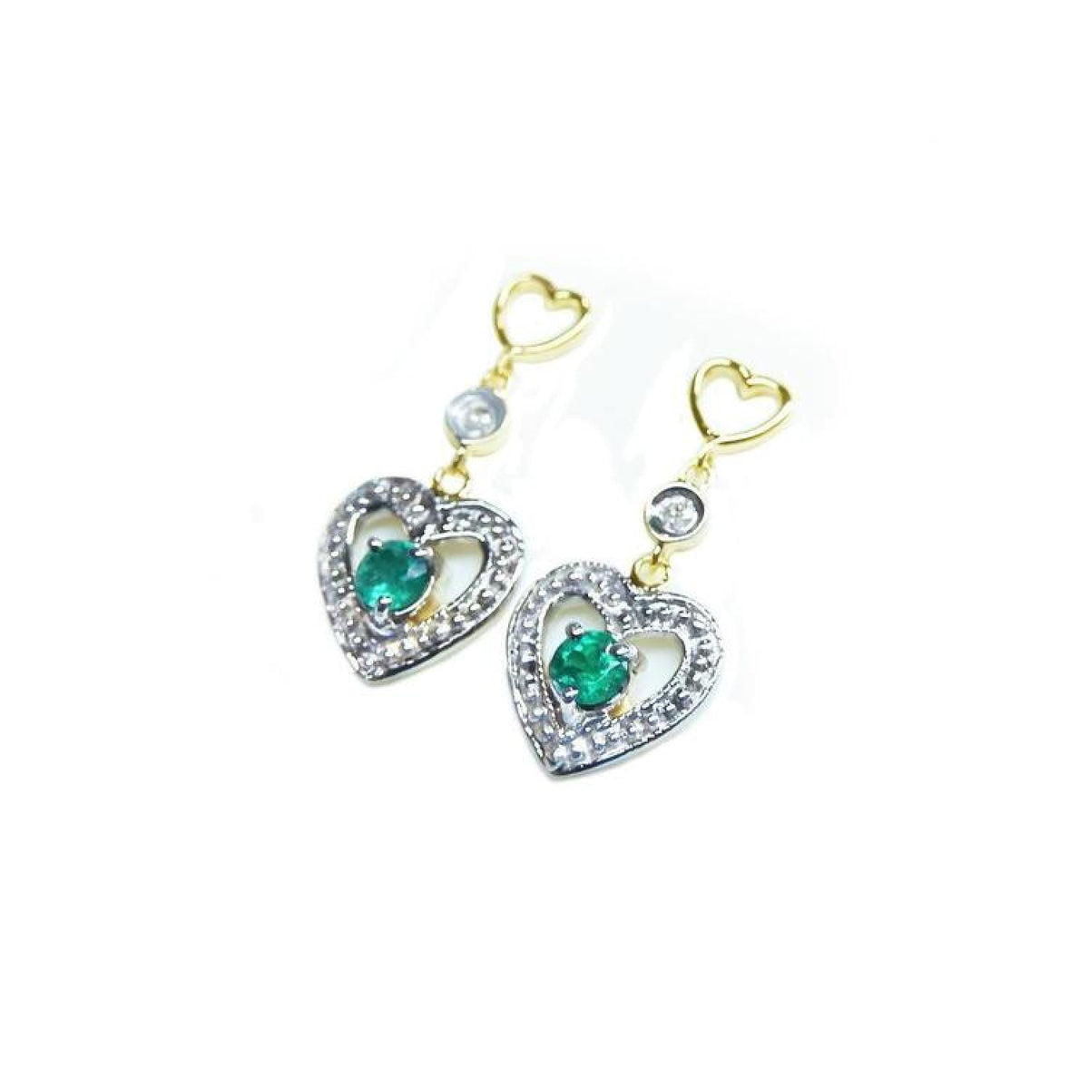 14K yellow gold heart earrings with brilliant cut Colombian emeralds and diamond accents.
