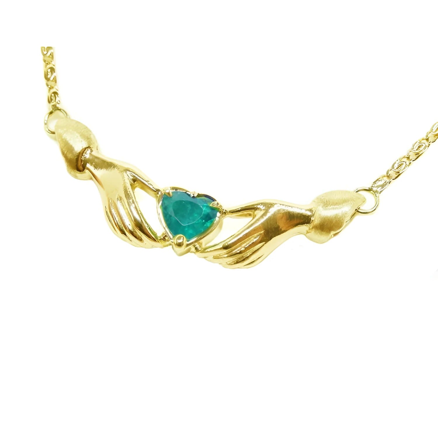 14K yellow gold Claddagh necklace with two hands holding a heart-cut emerald.