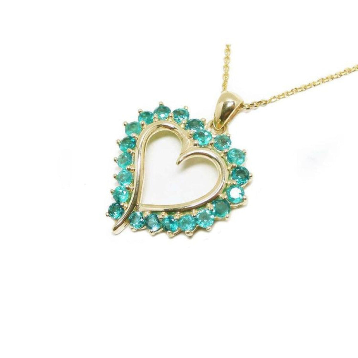 14K gold heart pendant necklace with vibrant round Colombian emeralds.