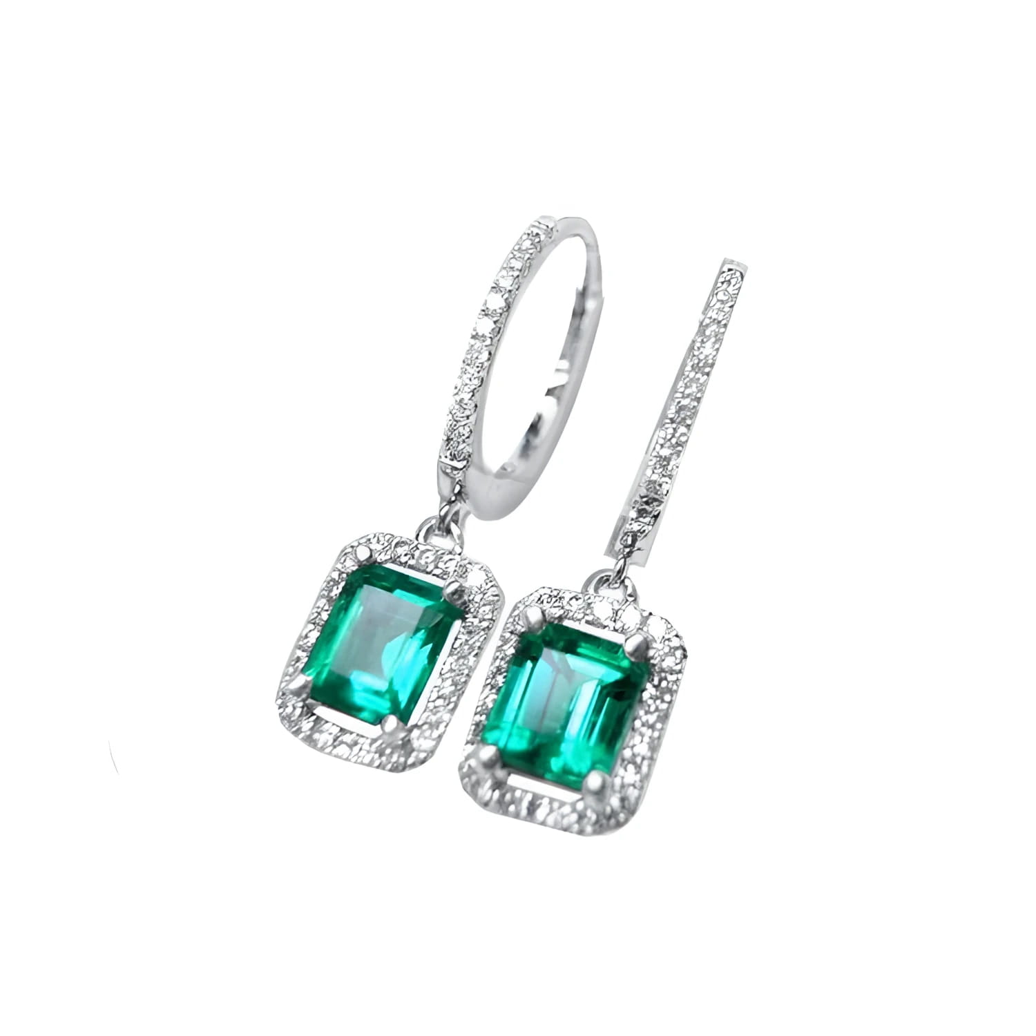 14k white gold hoop dangle earrings with medium deep green emeralds framed by diamonds.