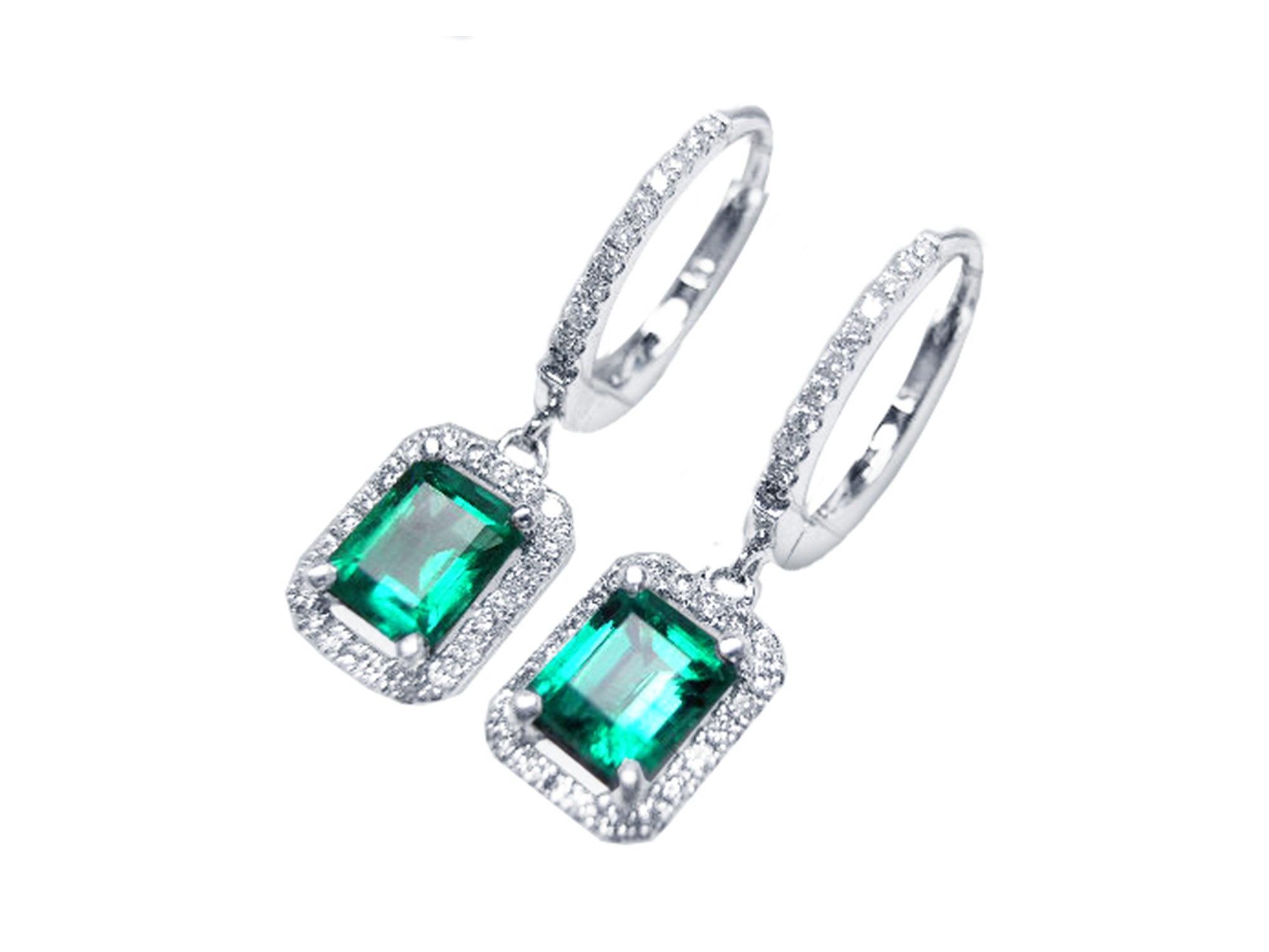 Pair of natural Colombian emerald hoop earrings, halo diamond, from the left side view, visible tp and profile.