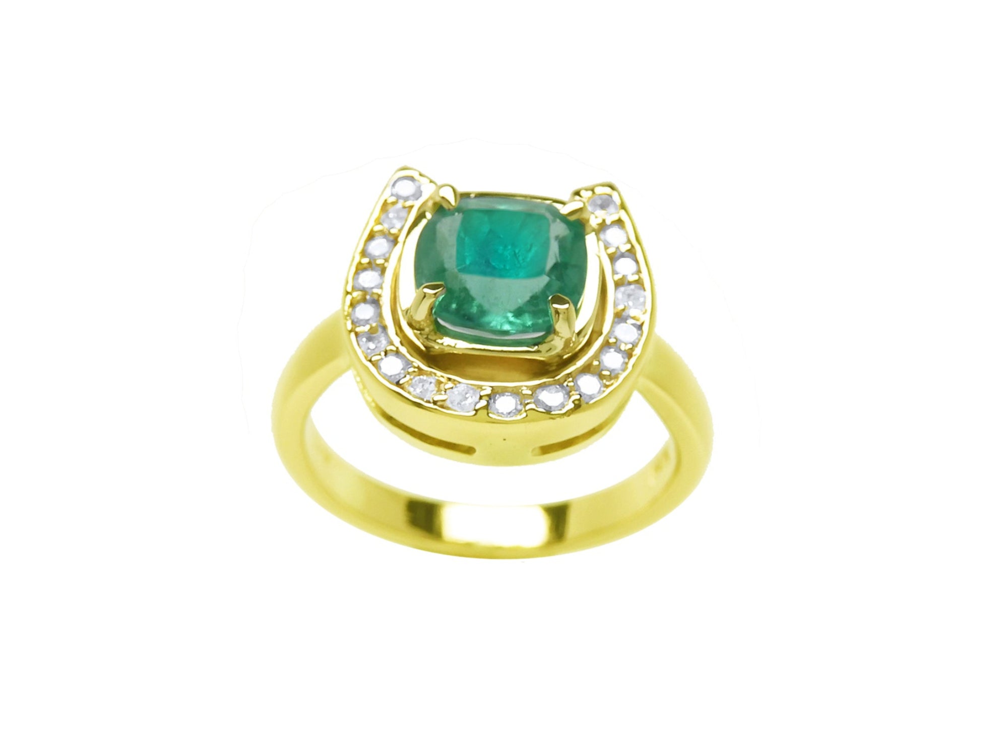 This yellow gold ring showcases a cushion-cut emerald set at the center of a horseshoe-shaped diamond design.