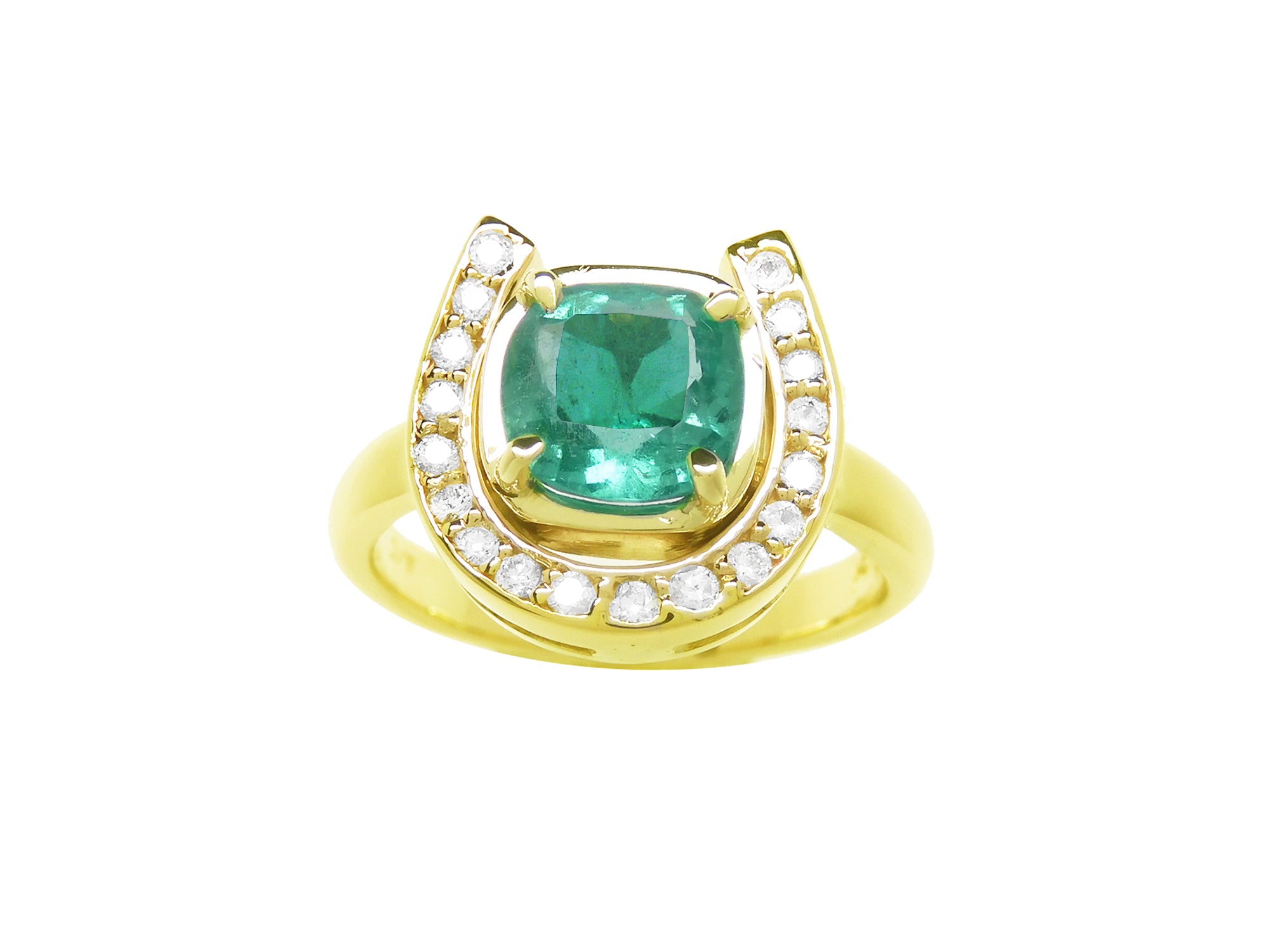 The front view of this horseshoe emerald ring displays a cushion-cut emerald framed by a semicircle of diamonds, in yellow gold.