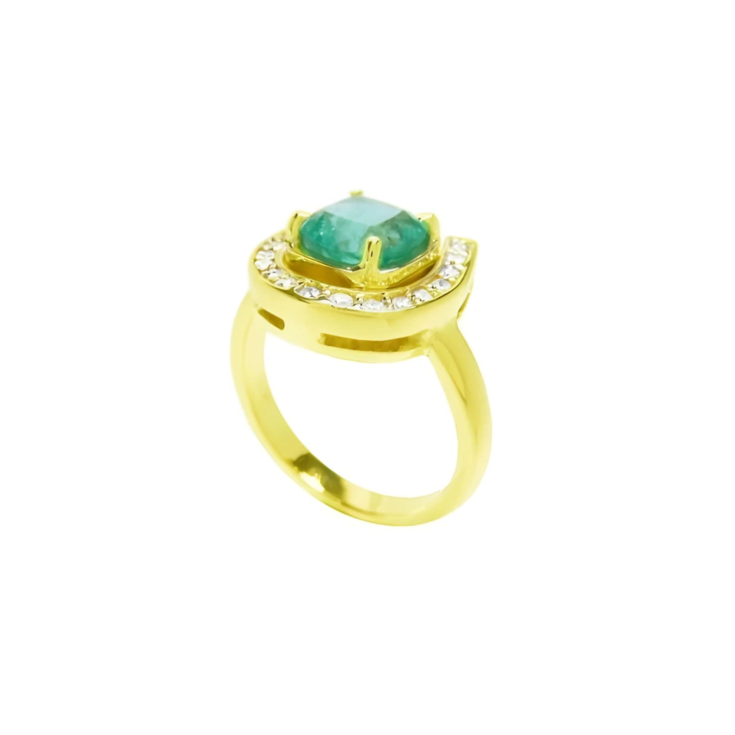 14K yellow gold horseshoe ring with cushion-cut emerald and semicircular diamond halo.
