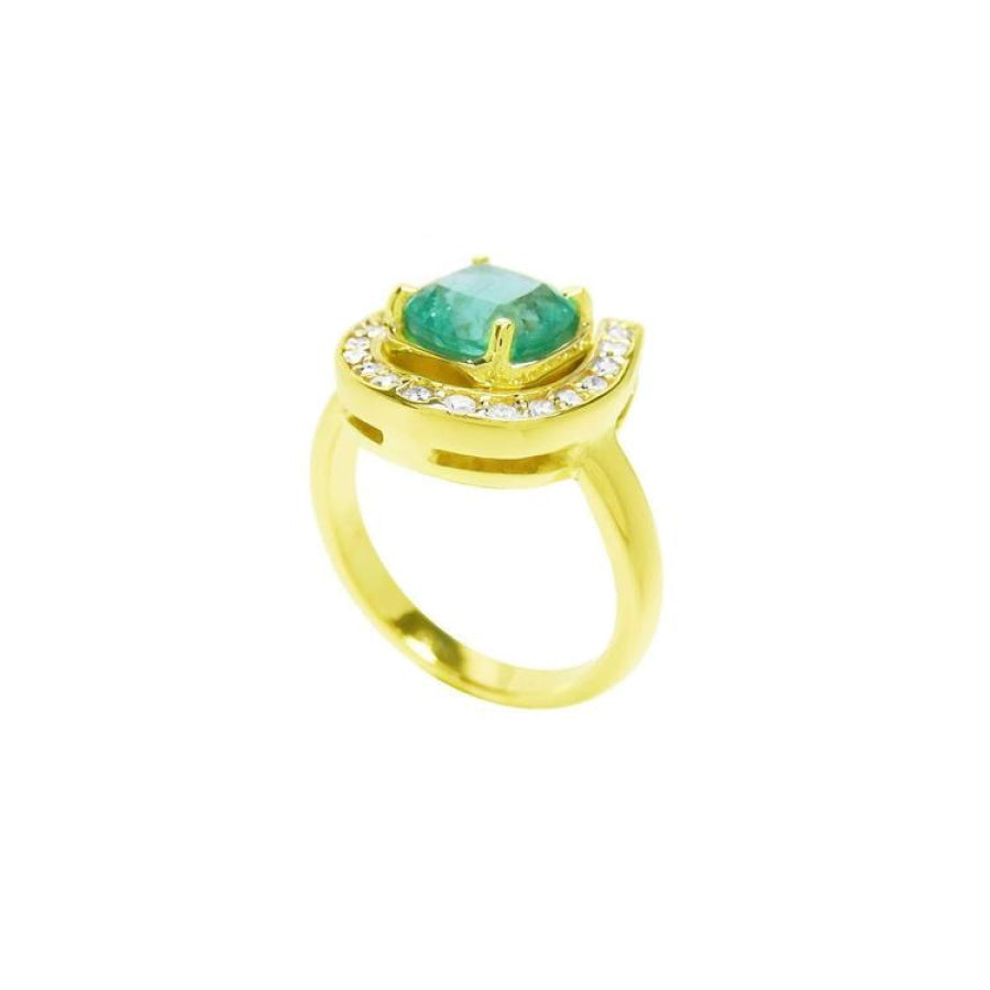 14K yellow gold horseshoe ring with cushion-cut emerald and semicircular diamond halo.