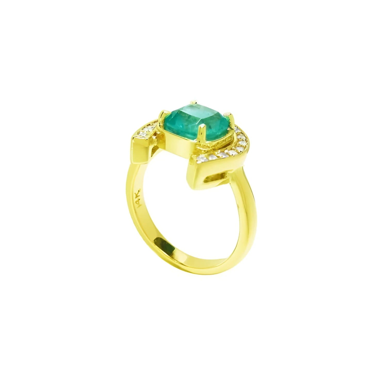 14K yellow gold horseshoe ring with a cushion-cut emerald and diamond accents.