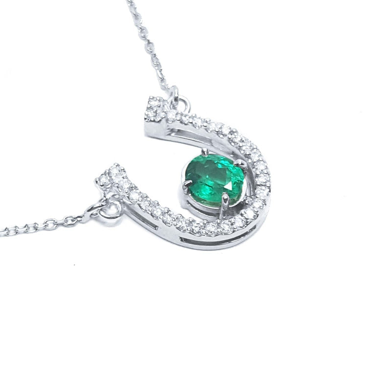 Horseshoe emerald necklace for women with natural diamonds, crafted in 14k white gold, a lucky piece of jewelry to wear every day