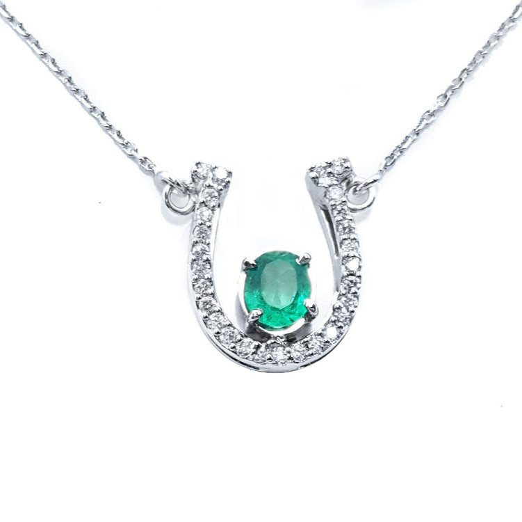 Gift for Mother's Day Horseshoe emerald and diamond necklace with natural diamonds, crafted in 14k white gold