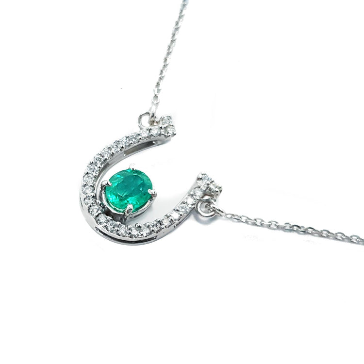 women&#39;s Emerald jewelry horseshoe necklace with natural diamonds, crafted in 14k white gold, a lucky piece of jewelry to wear every day