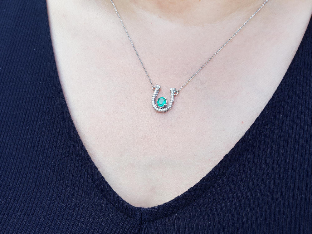 Real Colombian horseshoe necklace for women with natural diamonds, crafted in 14k white gold