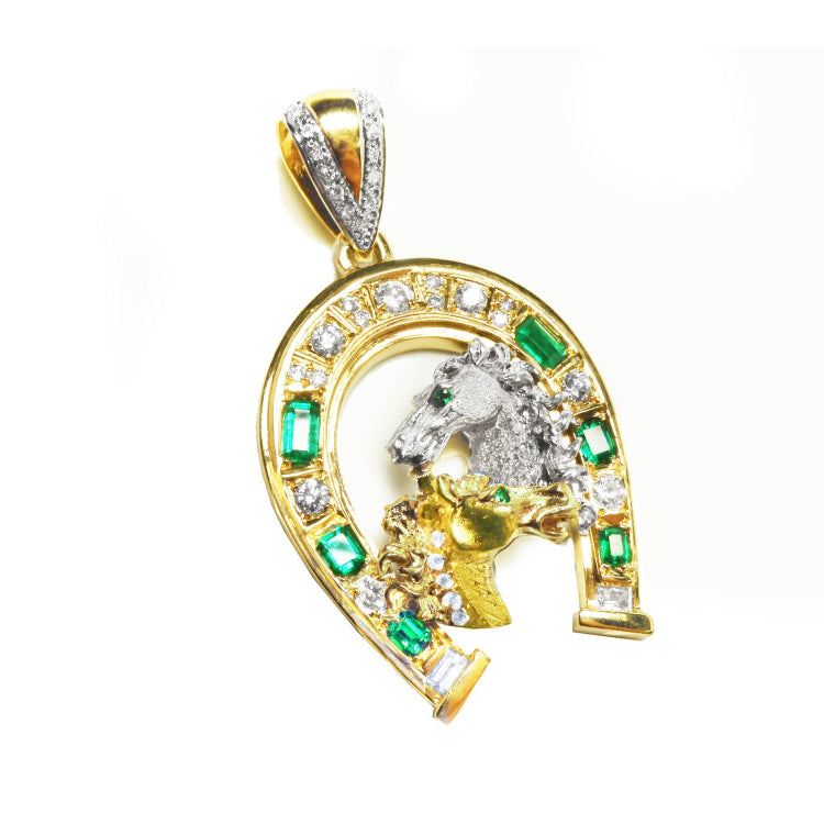 Men's Horseshoe emerald pendant necklace six natural Colombian emeralds and diamonds equestrian jewelry lucky charm