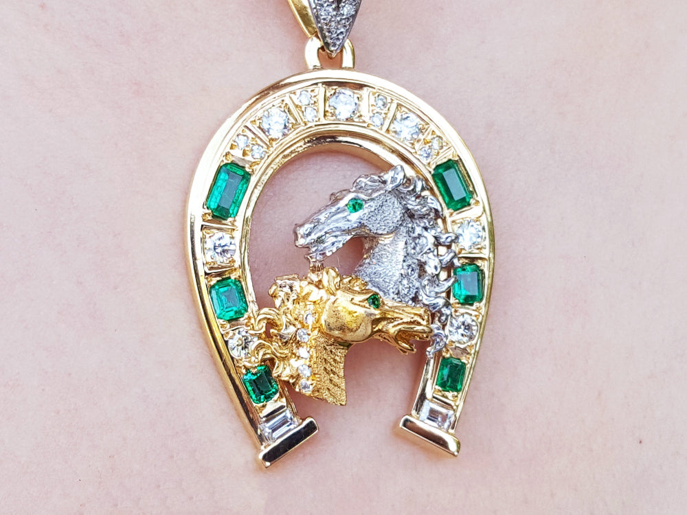 Emerl and diamond pendant necklace or men horseshoe six natural Colombian emeralds and diamonds equestrian jewelry lucky charm