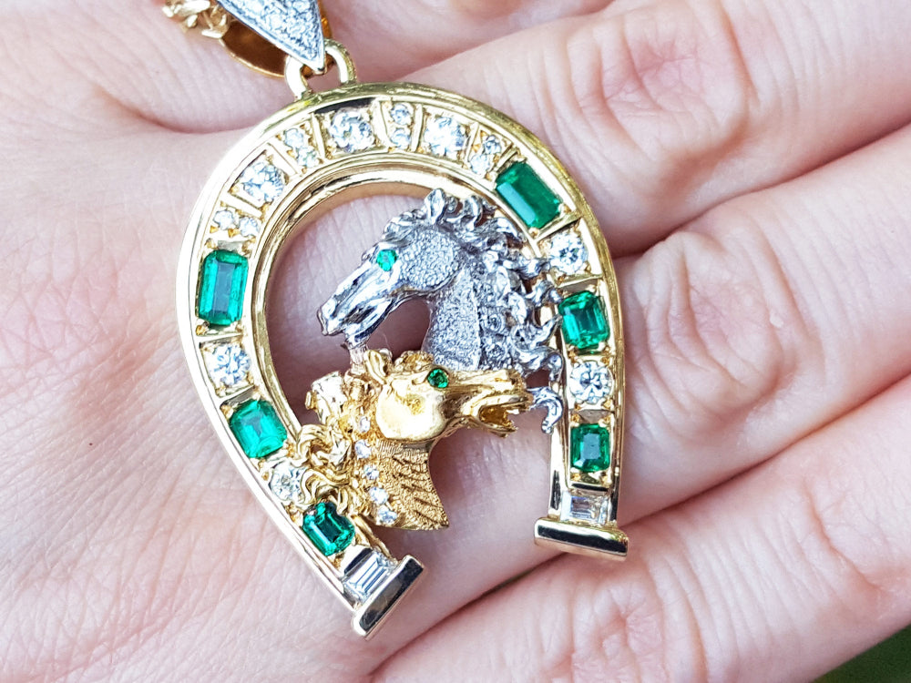 Colombian emerald and Dimond Horsehoe pendant necklace six natural Colombian emeralds and diamonds equestrian jewelry lucky charm