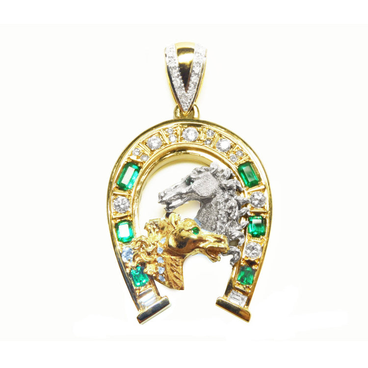 Natural emerald and diamond horseshoe pendant six natural Colombian emeralds and diamonds equestrian jewelry lucky charm