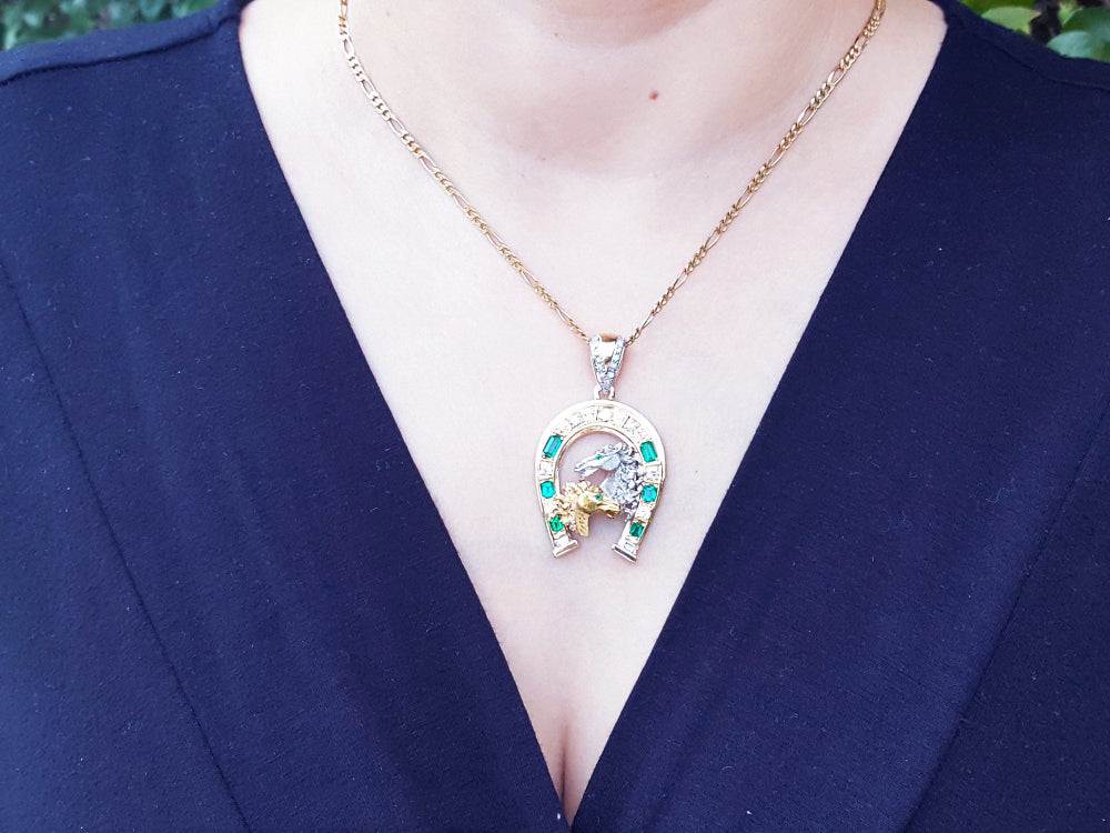 men&#39;s emerald and diamond horseshoe necklace six natural Colombian emeralds and diamonds equestrian jewelry lucky charm