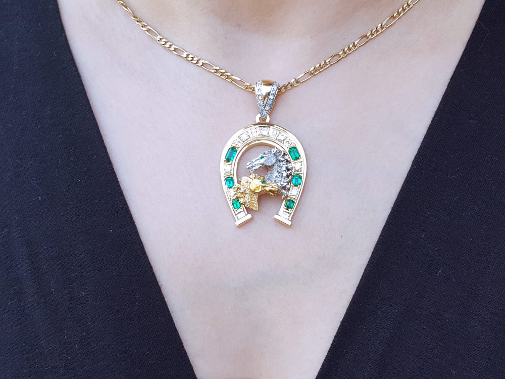 emerald horseshoe necklace pendant six natural Colombian emeralds and diamonds equestrian jewelry lucky charm