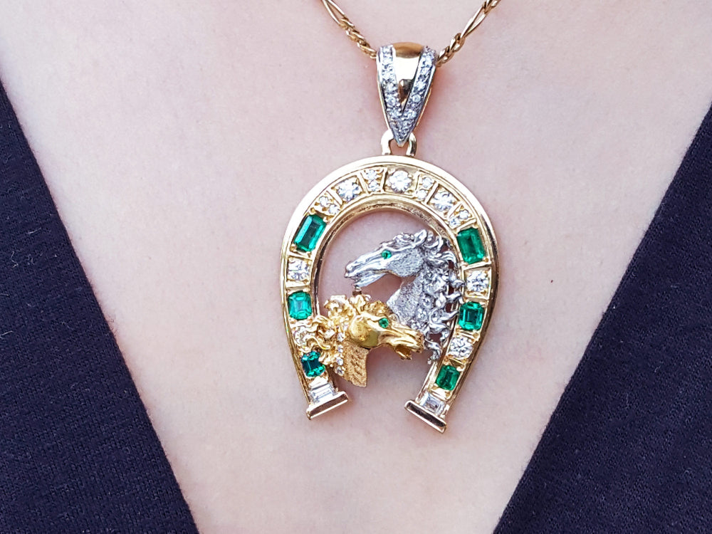Yellow gold genuine emerald pendant necklace for men six natural Colombian emeralds and diamonds equestrian jewelry lucky charm