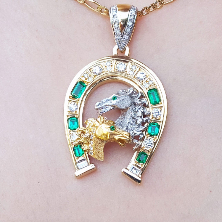 Emerald horseshoe pendant necklace for men six natural Colombian emeralds and diamonds equestrian jewelry lucky charm