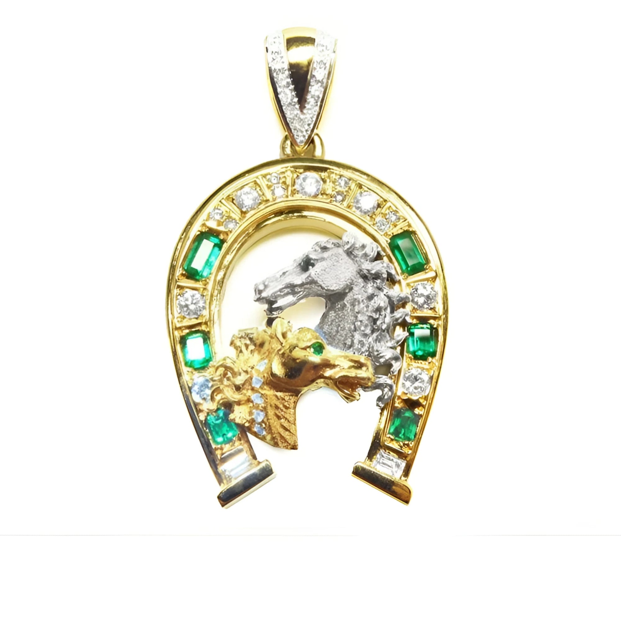 18k yellow gold pendant with horse design and natural colombian emeralds stones and diamonds. 
