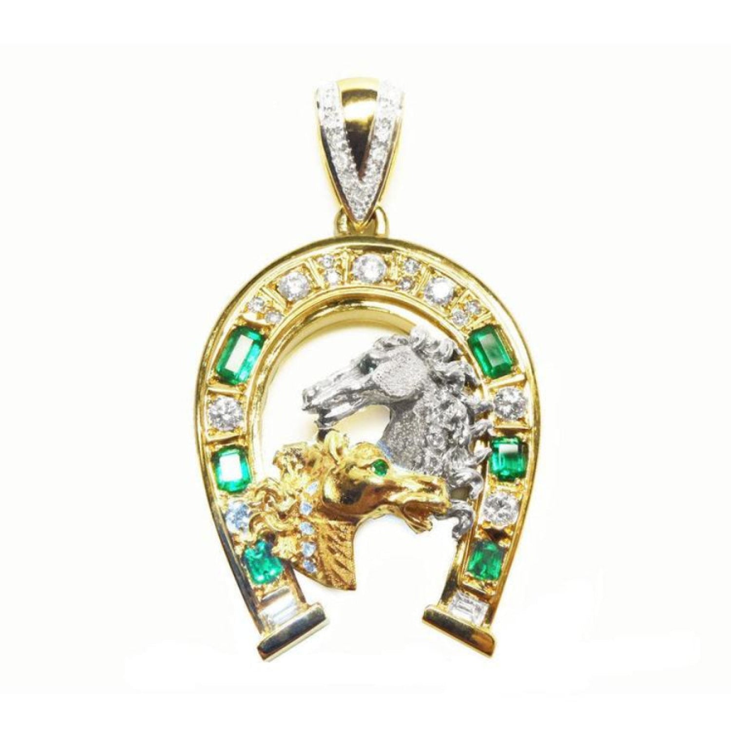 Lucky charm jewelry natural emeralds horseshoe pendant and natural diamonds crafted in 18k yellow gold.