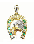 Lucky charm jewelry natural emeralds horseshoe pendant and natural diamonds crafted in 18k yellow gold.