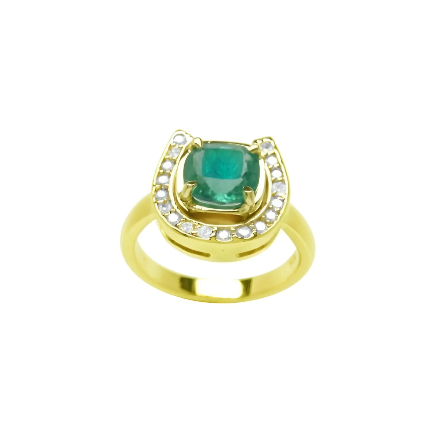 This yellow gold ring showcases a cushion-cut emerald set at the center of a horseshoe-shaped diamond design.