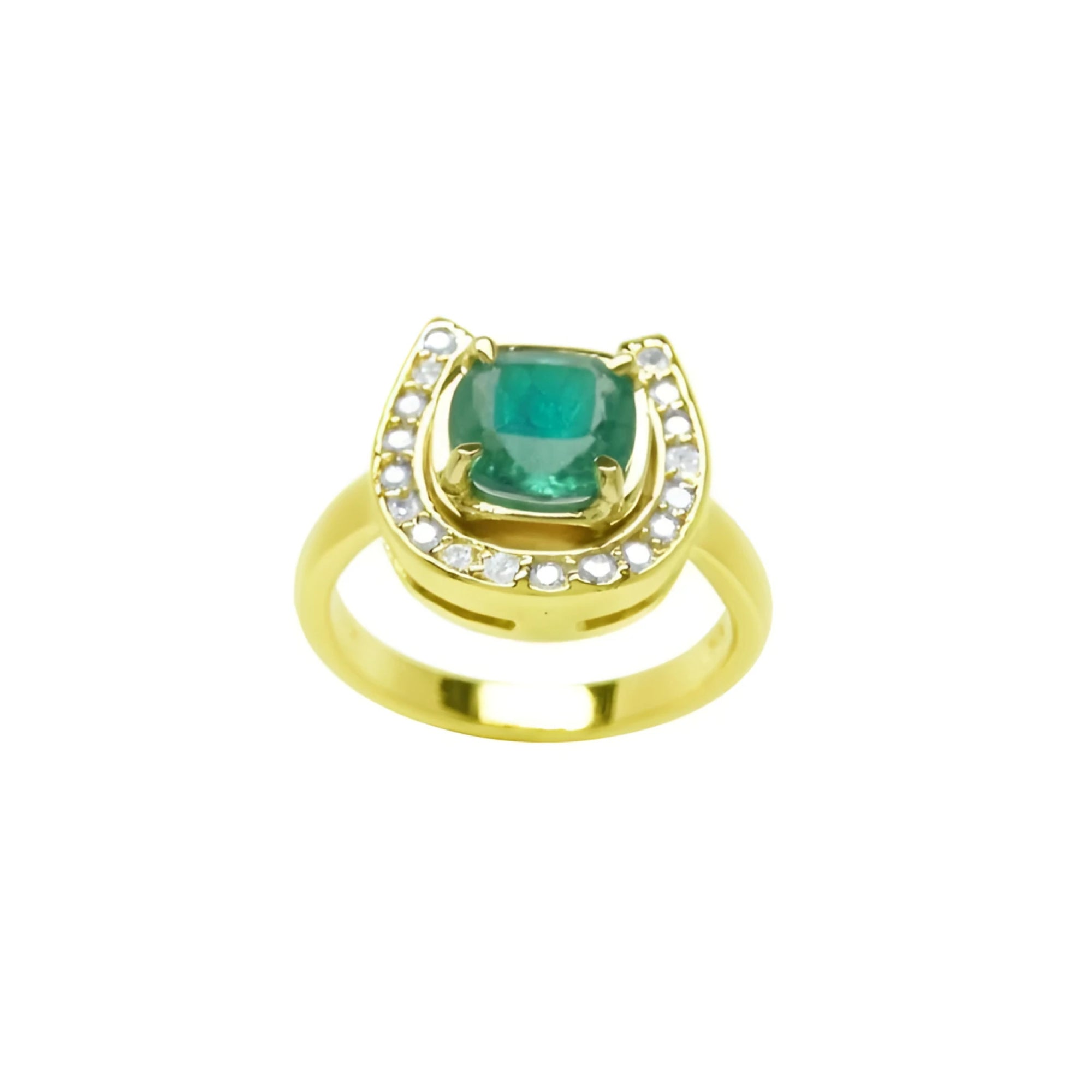 This yellow gold ring showcases a cushion-cut emerald set at the center of a horseshoe-shaped diamond design.