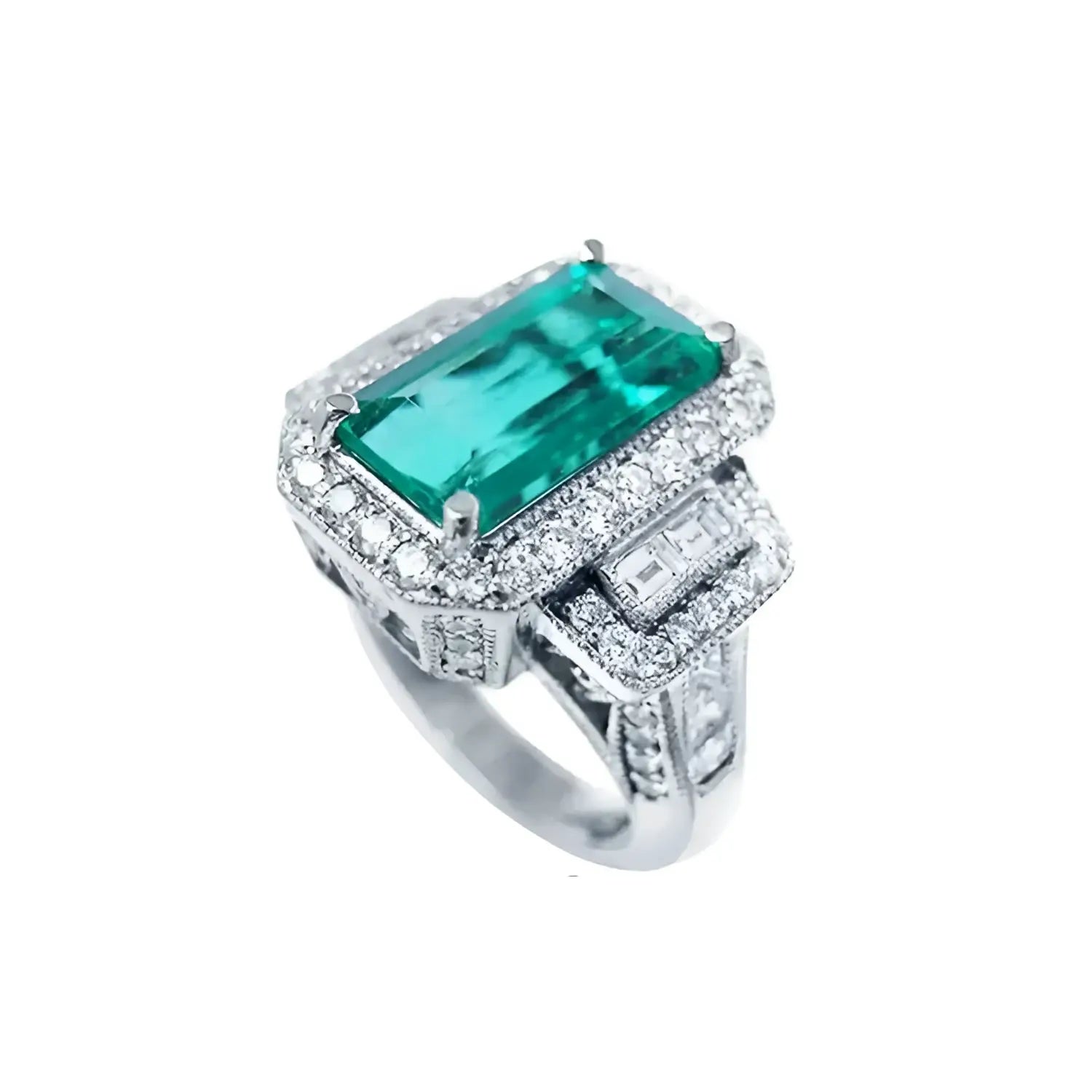 Anillo de compromiso de oro blanco 18k con esmeralda colombiana rectangular de 2.99 ct y diamantes.
