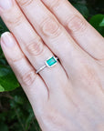 Hand wearing a ring with an emerald stone against a green leafy background.