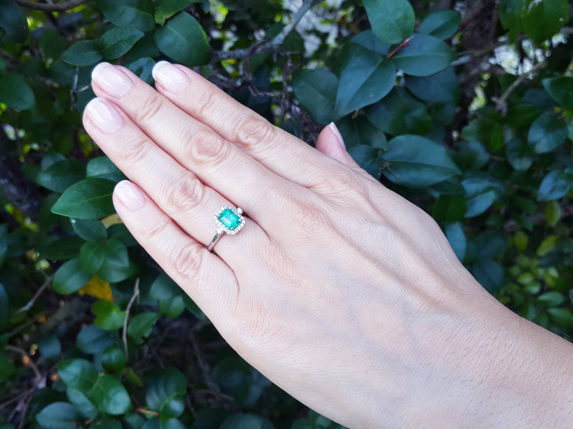 Hand wearing an emerald engagement ring against a leafy background.