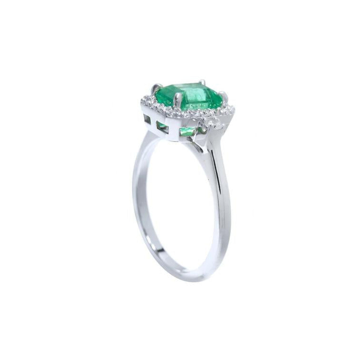 1.47 ct emerald engagement ring with diamond halo in 14K white gold.