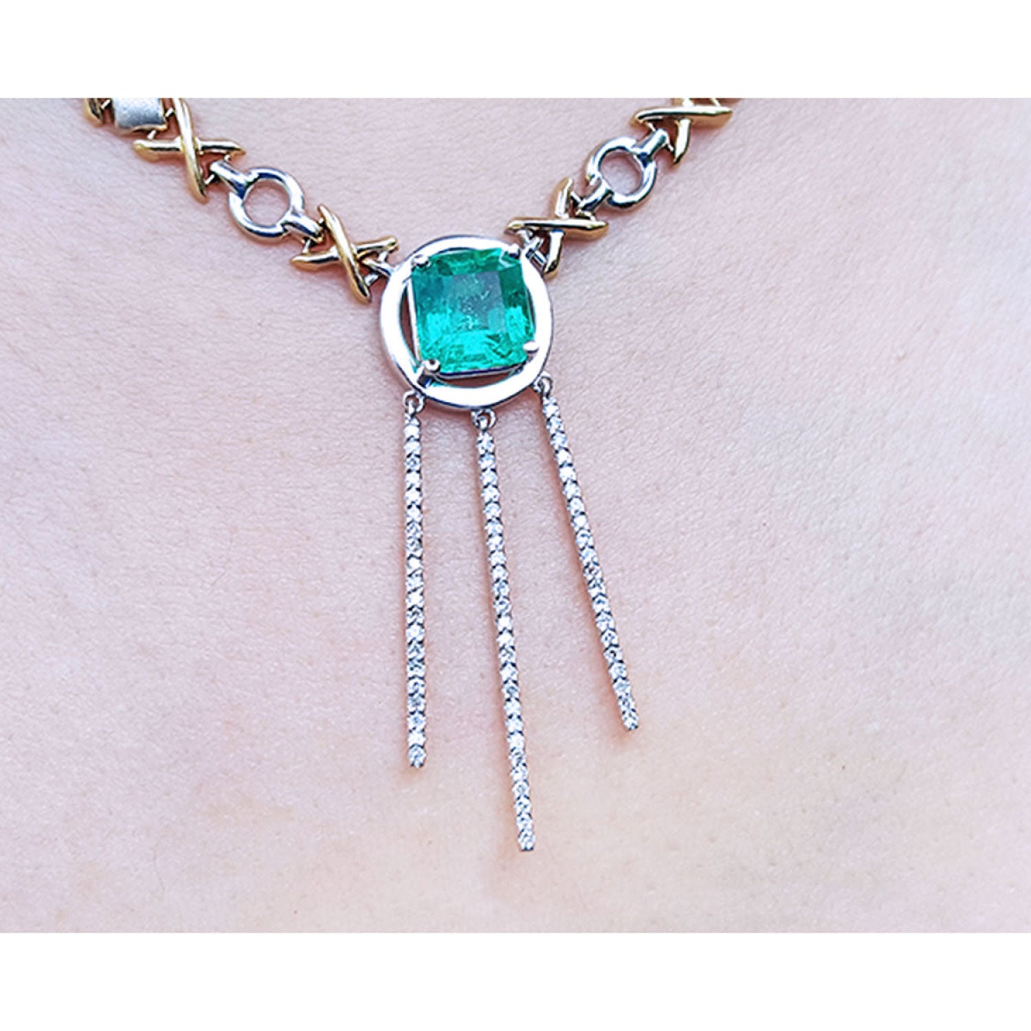 Natural emerald 14K white and yellow gold "X &amp; O" necklace with three diamond bar drops.