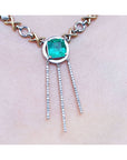 Natural emerald 14K white and yellow gold "X & O" necklace with three diamond bar drops.