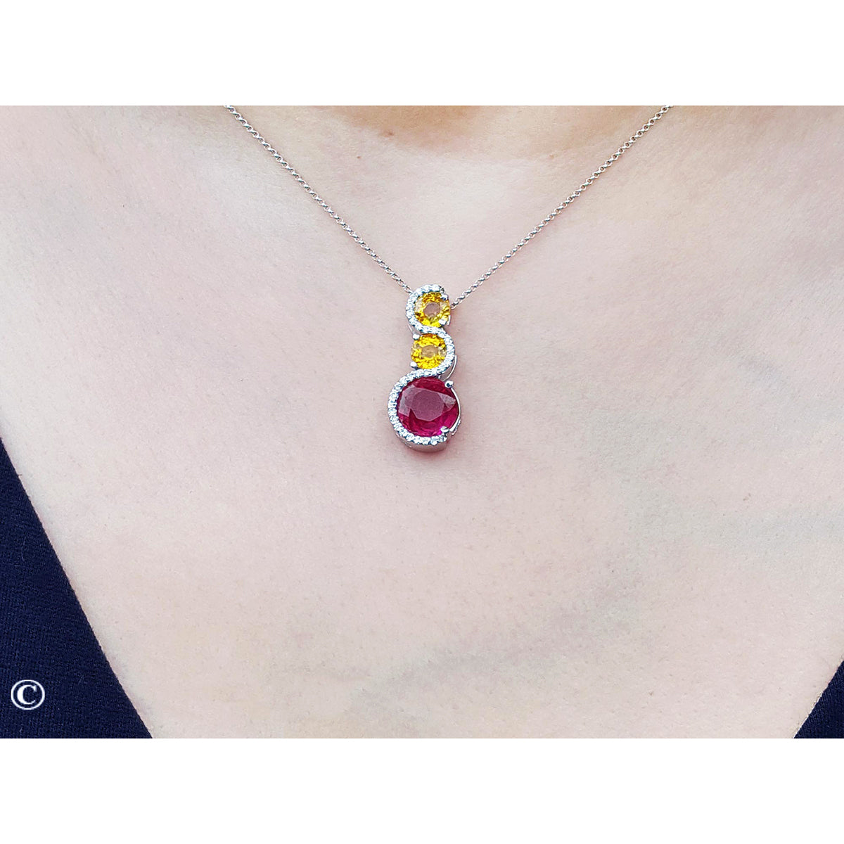 Natural Ruby Journey Pendant Slider Necklace Sapphires and Diamonds 14K White Gold