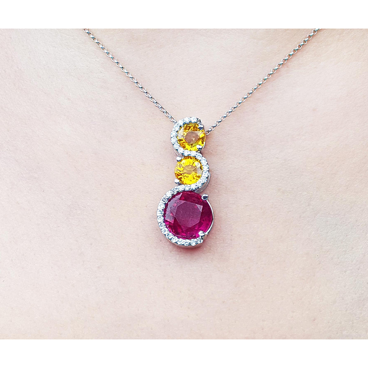 Natural Ruby Journey Pendant Slider Necklace Sapphires and Diamonds 14K White Gold