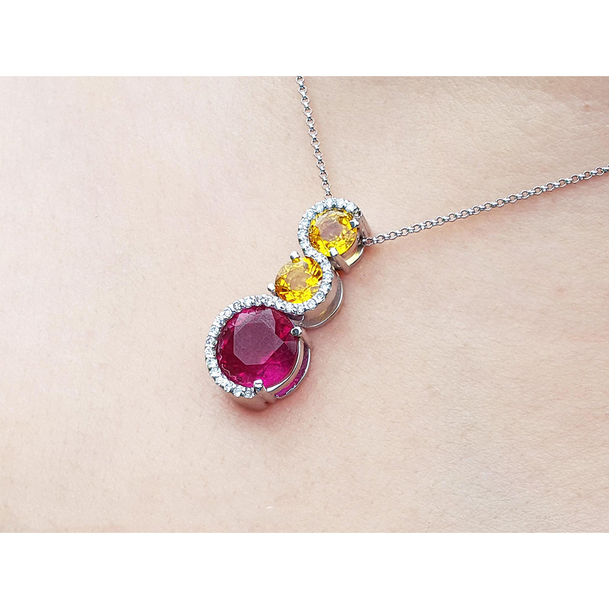 Natural Ruby Journey Pendant Slider Necklace Sapphires and Diamonds 14K White Gold