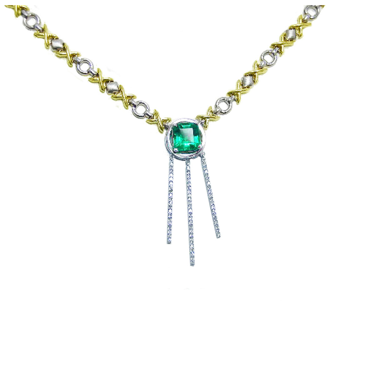 Large view of a Muzo Colombian emerald kisses and hugs necklace, set in 14k white and yellow gold 