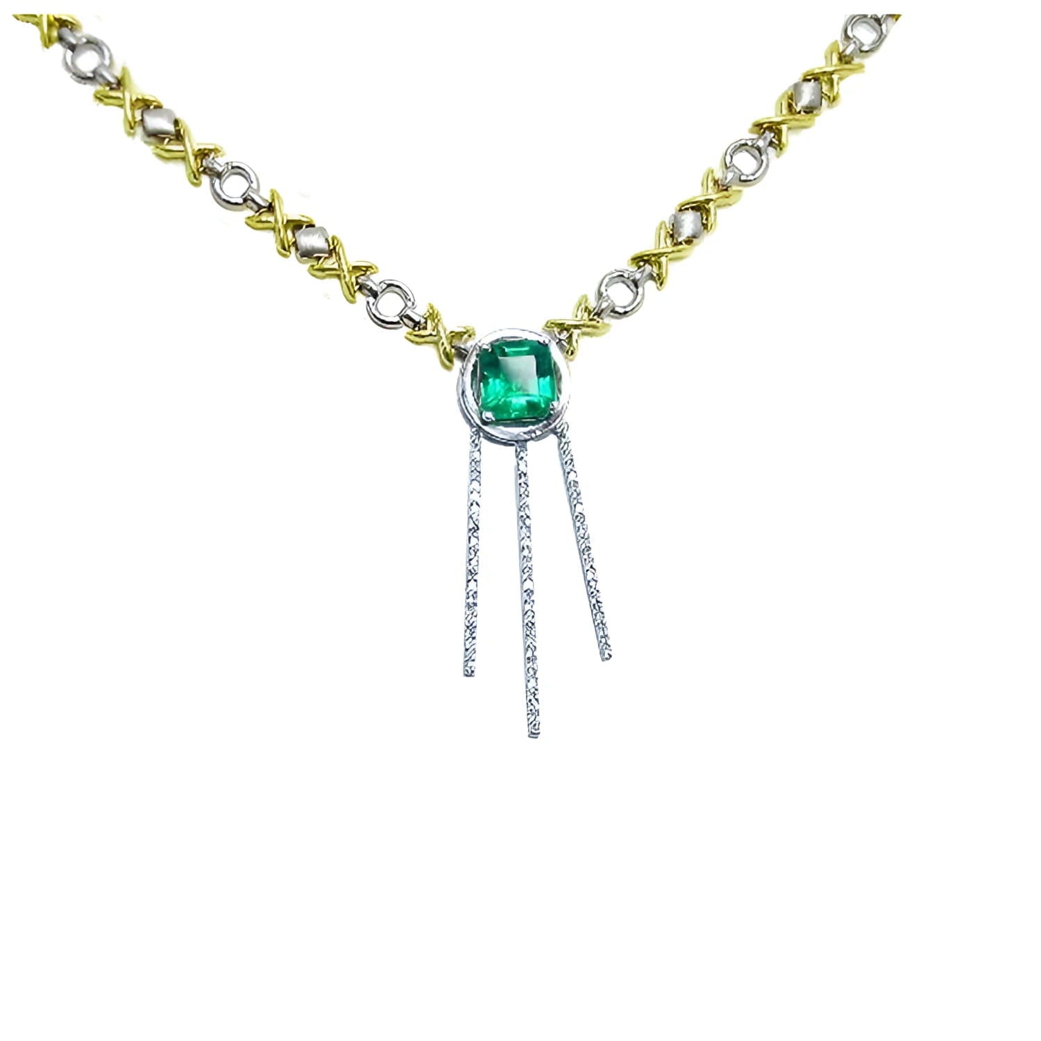 Natural emerald 2.37 ct. kisses and hugs necklace with square emerald, 14K white and yellow gold X & O links, and three dangling diamond-set bars.