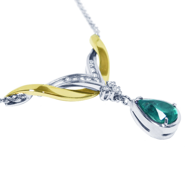 Ladies emerald necklace 1.88 carats pear cut natural sourced from the Muzo mines crafted in 14k white and yellow gold