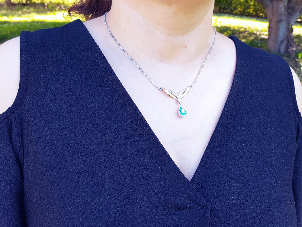 Emerald and diamond necklaces 1.88 carats pear cut natural sourced from the Muzo mines crafted in 14k white and yellow gold