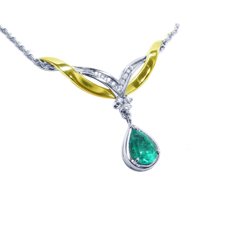 Pear cut emerald necklace for women 1.88 carats pear cut natural sourced from the Muzo mines in 14k white and yellow gold