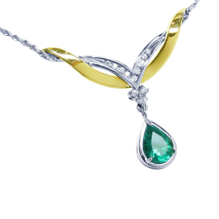 Women's necklace fine emerald jewelry pear cut natural sourced from the Muzo mines crafted in 14k white and yellow gold