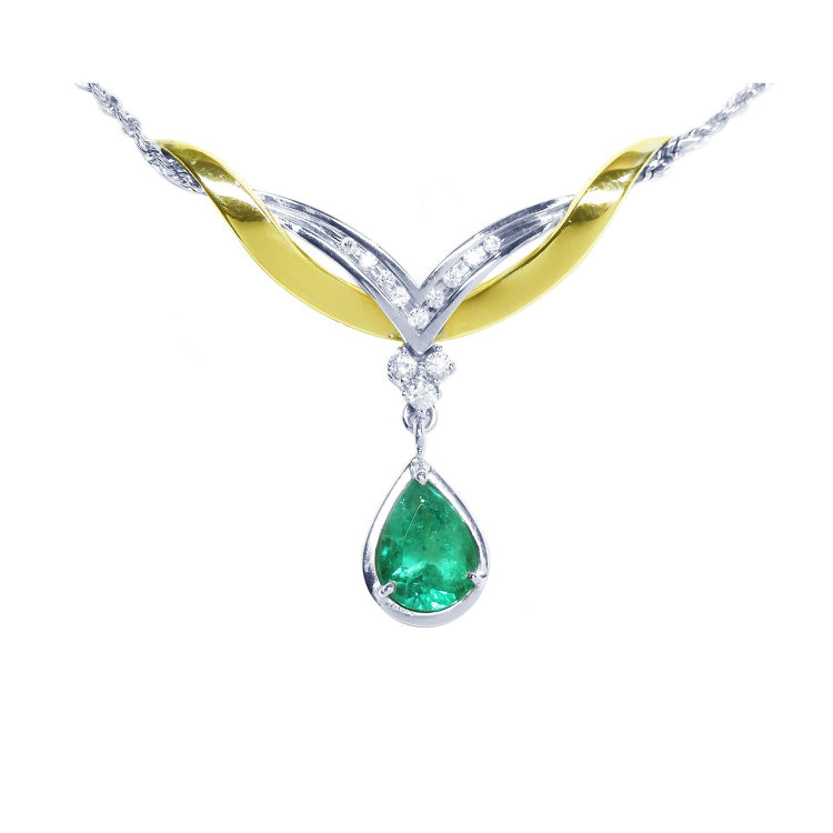Solitaire emerald dangling necklace 1.88 carats pear cut natural sourced from the Muzo mines crafted in 14k white and yellow gold