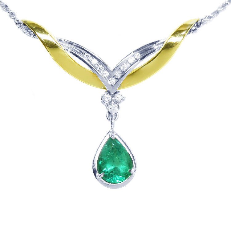 Real Colombian emerald necklace, 1.88 carats pear cut natural sourced from the Muzo mines crafted in 14k white and yellow gold