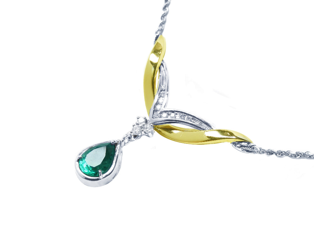 Colombian emerald necklace for sale in USA 1.88 carats pear cut natural from the Muzo mines in 14k white and yellow gold