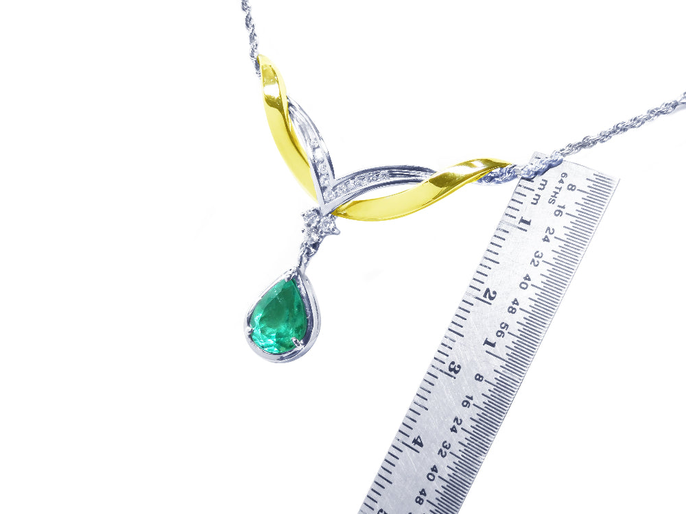 USA made genuine emerald necklace 1.88 carats pear cut natural sourced from the Muzo mines crafted in 14k white and yellow gold