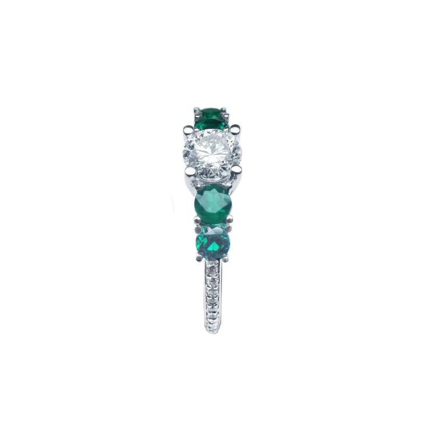 14K white gold ring with a round diamond center and four round green emeralds.