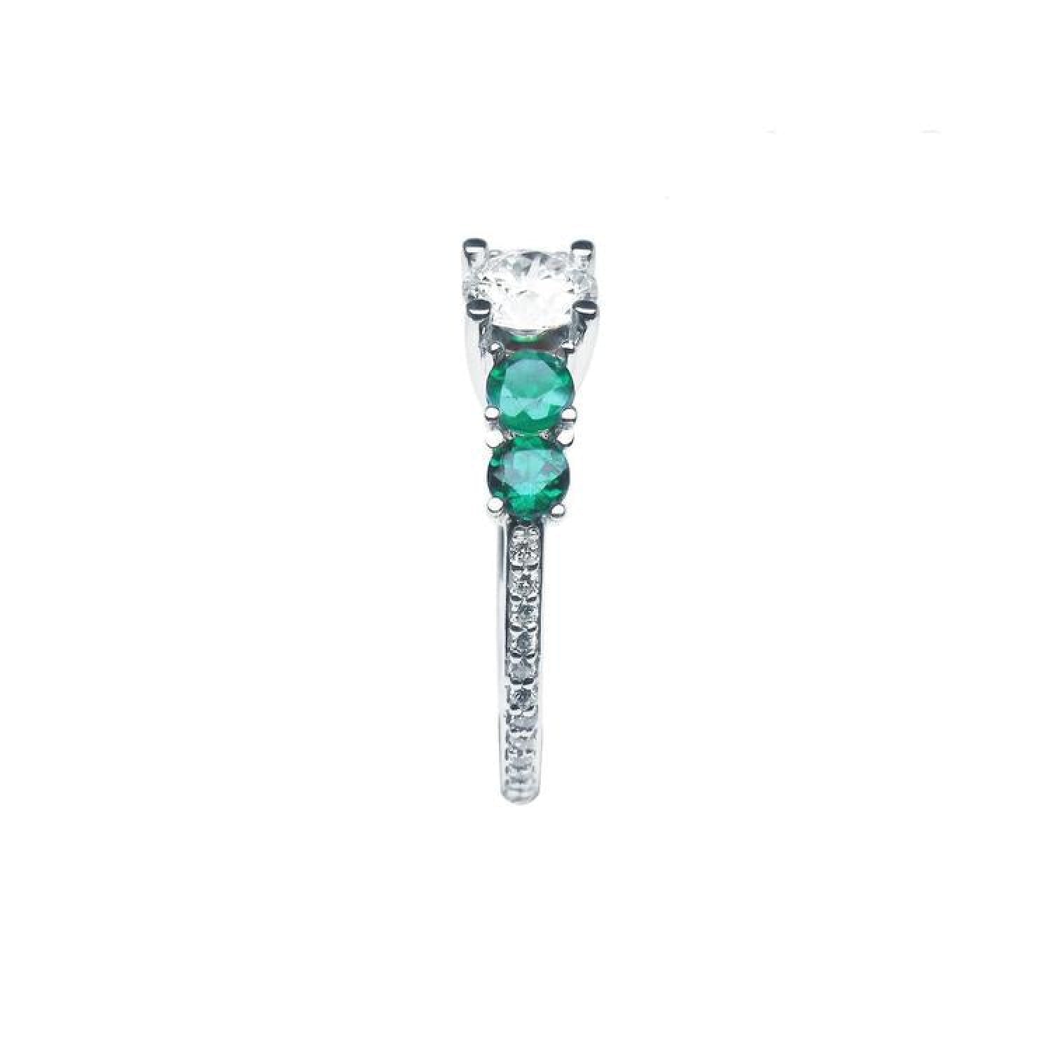 14K white gold ring with a round diamond and two side emeralds.